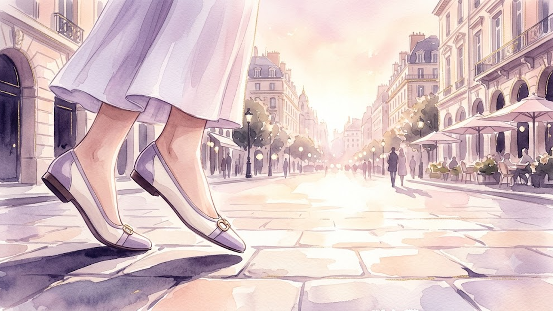 新しい靴を履いて一歩を踏み出す女性の足元と明るい街並み