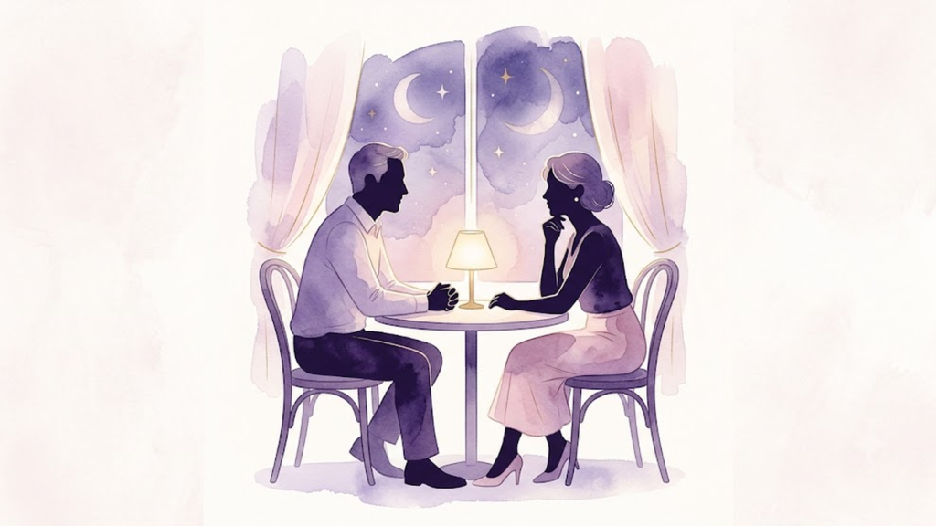 落ち着いた雰囲気のカフェで、穏やかに会話を交わす大人の男女のシルエット、成熟した信頼関係