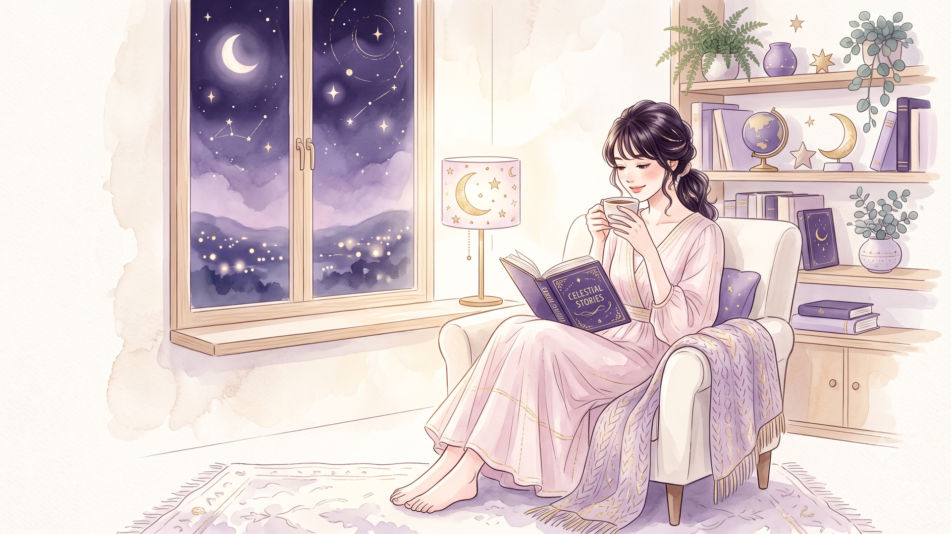 整理整頓された明るい部屋で、心地よさそうにコーヒーを飲みながら本を読む女性