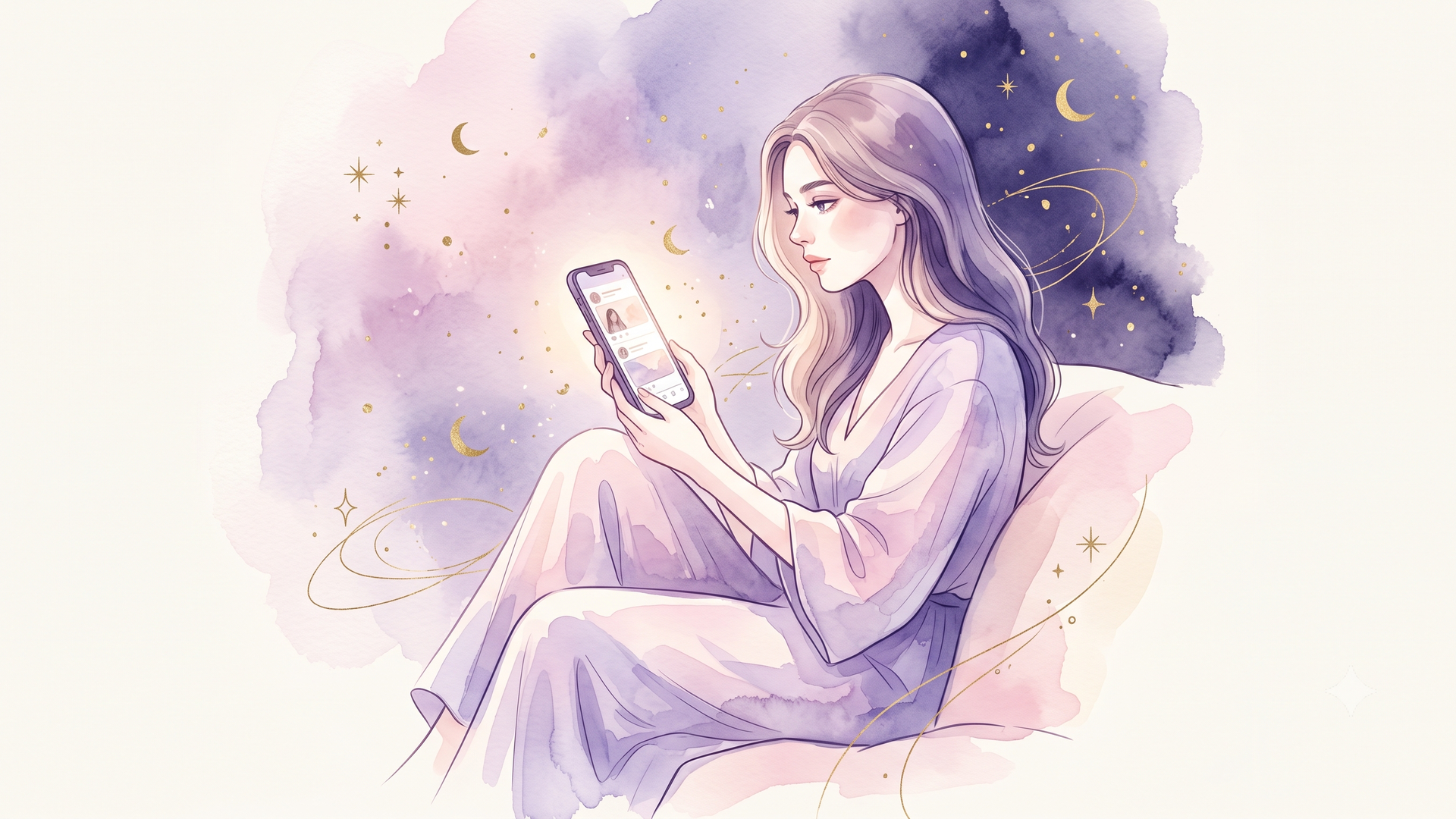 スマートフォンでSNSの投稿画面を見つめながら、今後の運命に思いを馳せる女性