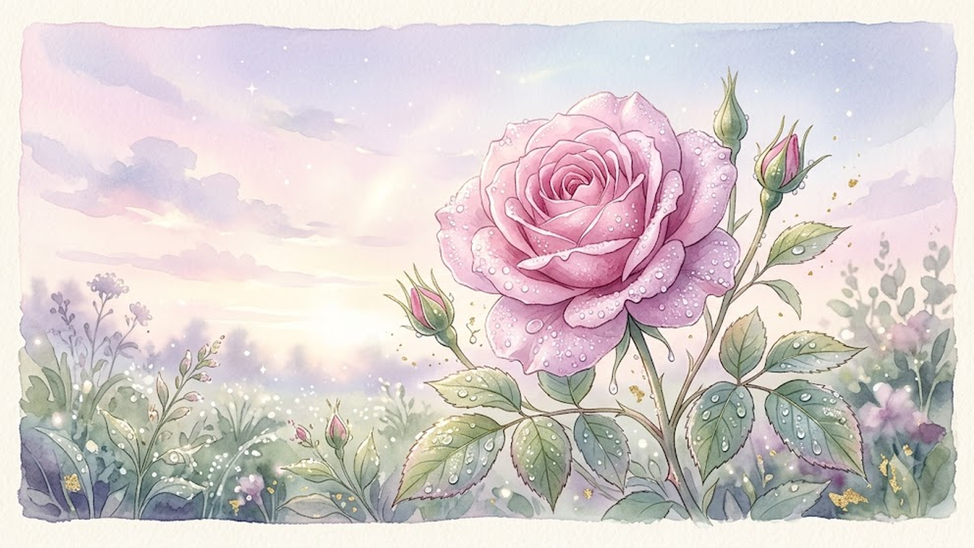 夜明けたばかりの淡いピンクと青の空、きらきらと輝く朝露をまとった大輪のピンクのバラの花びら