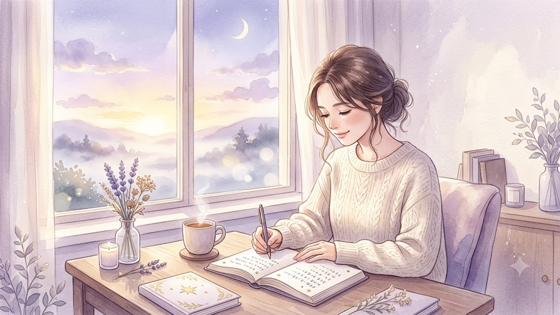 夜明けの優しい光が差し込む部屋で、新しい自分の人生をノートに書き記す女性