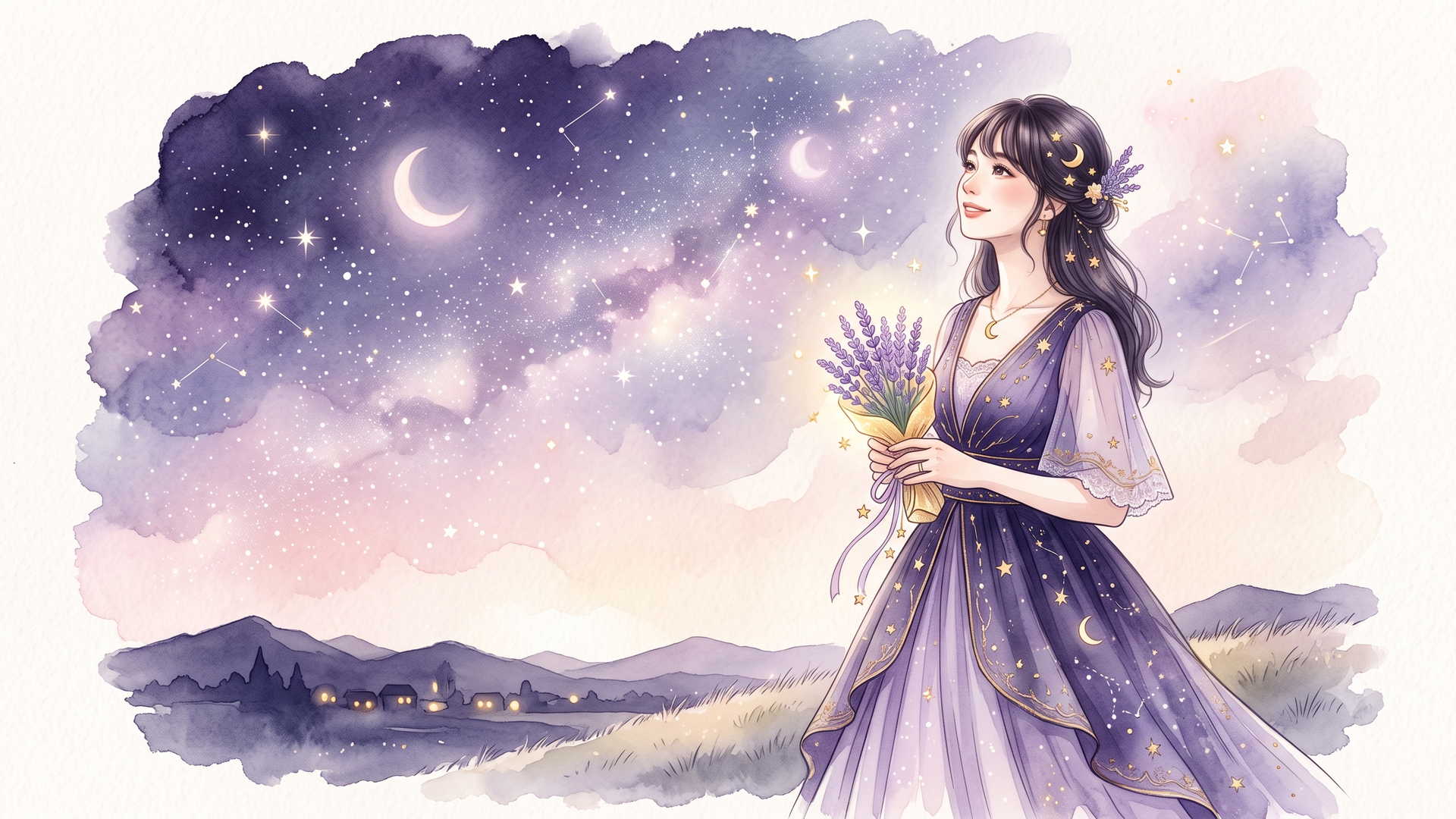 静かな夜に輝く星空を見上げながら優しく微笑み未来を見つめる女性