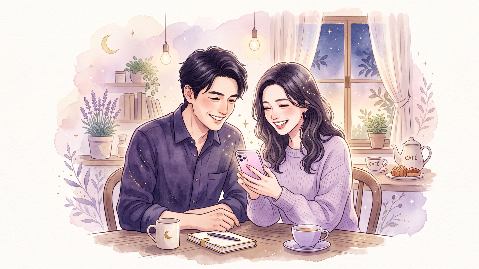 落ち着いた雰囲気のカフェで、スマホを見せ合いながら笑顔で会話する男女
