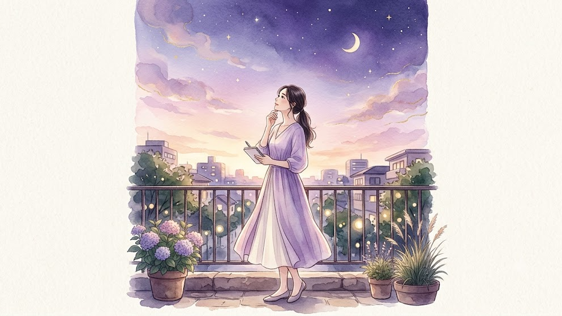 夕暮れ時の空を見上げながら自分の気持ちと向き合う女性