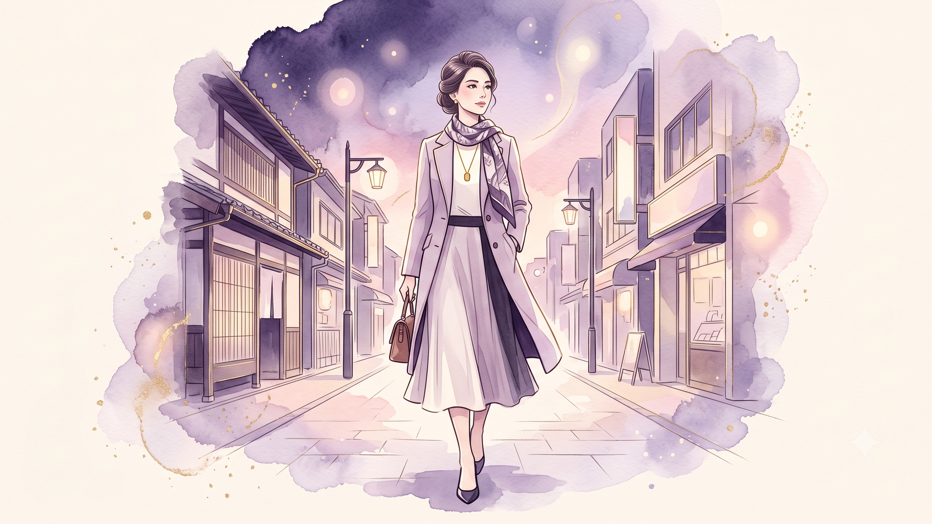 一歩を踏み出し凛とした表情で街を歩く洗練された女性