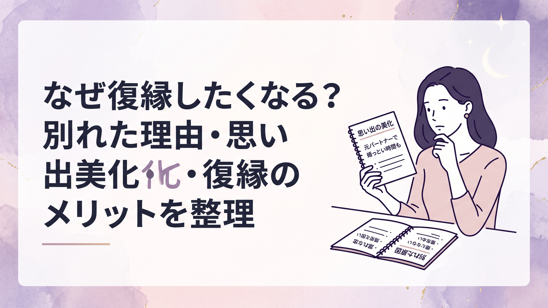 元恋人との楽しかった思い出と別れた原因を書いたノートを見比べながら復縁すべきか考える女性