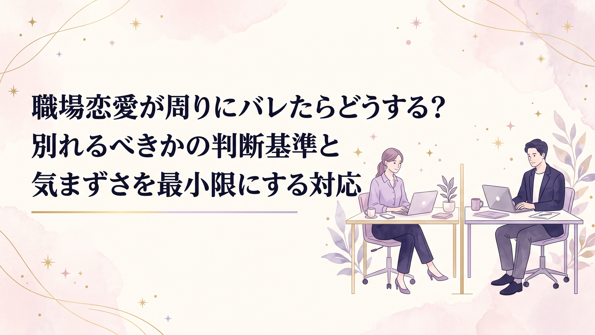 洗練されたオフィスフロアでPCに向かいながらも冷静な表情で周囲と適切な距離を保つ男女社員