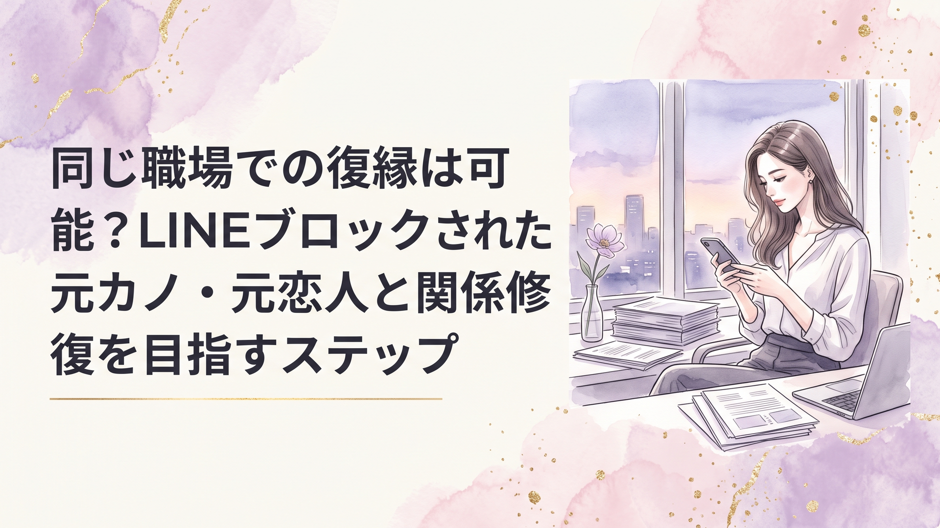 夕暮れのオフィス街を望む窓辺でスマートフォンを静かに見つめる女性、デスクには整然と積まれた書類と一輪のラベンダー