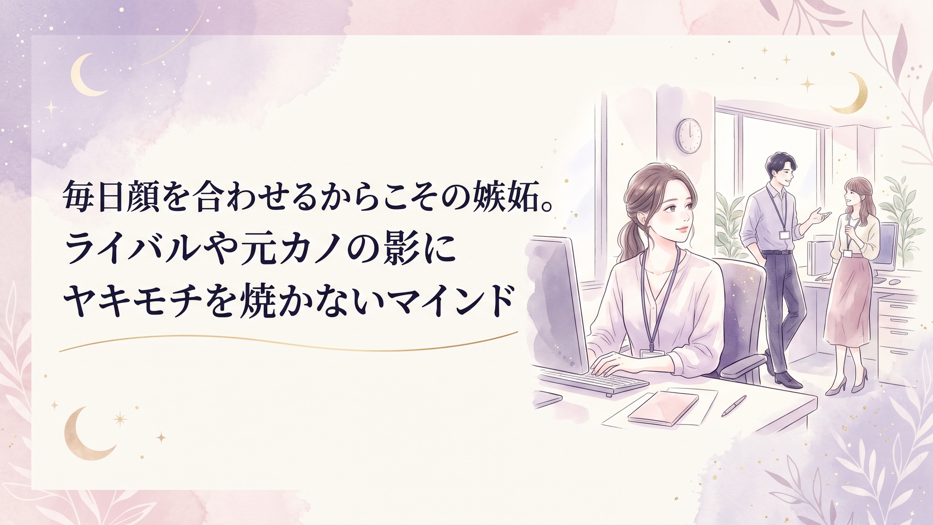 洗練されたオフィス空間で自席のパソコンに向かいながらも同僚と談笑する恋人の姿が気になって葛藤する女性会社員