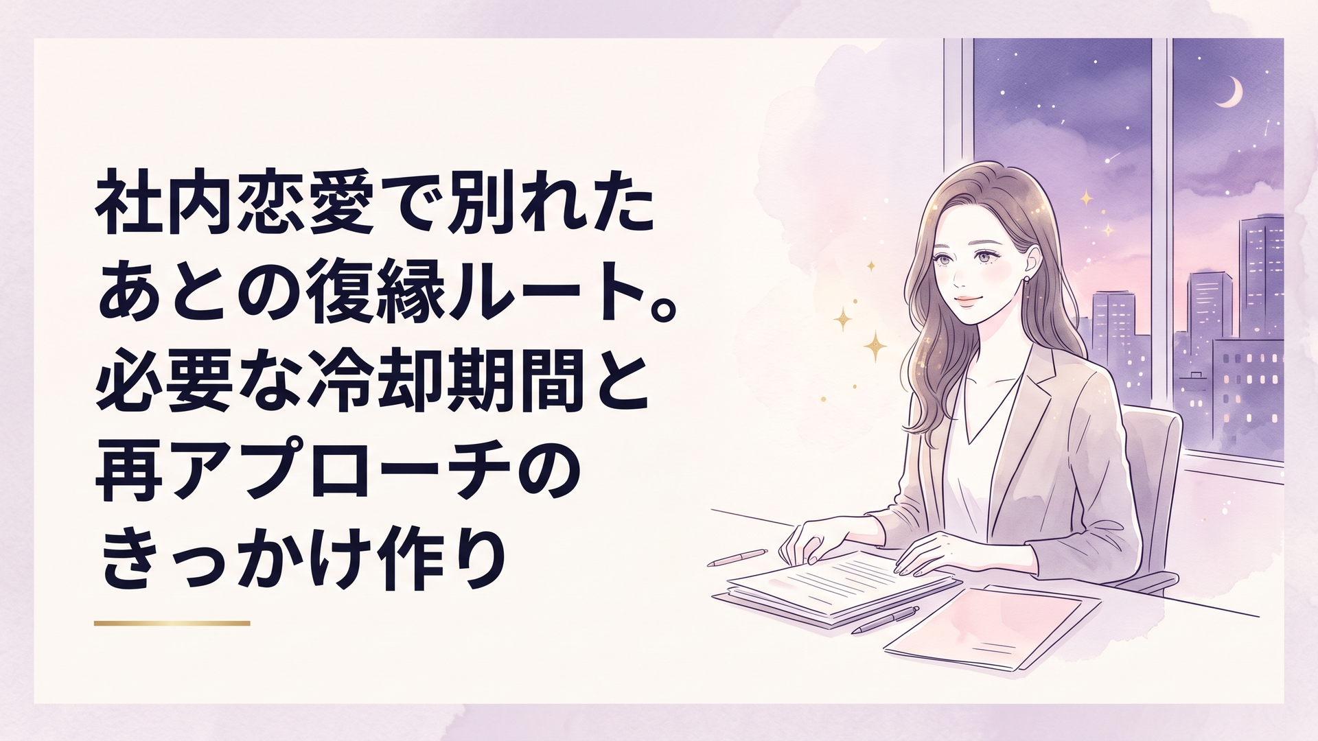 夕暮れのオフィスビル街を背景にデスクで静かに書類を整理しながら前を向く30代の働く女性